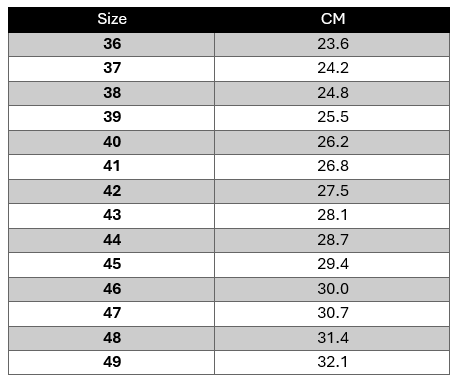 Table showing shoe size and corresponding length in centimeters