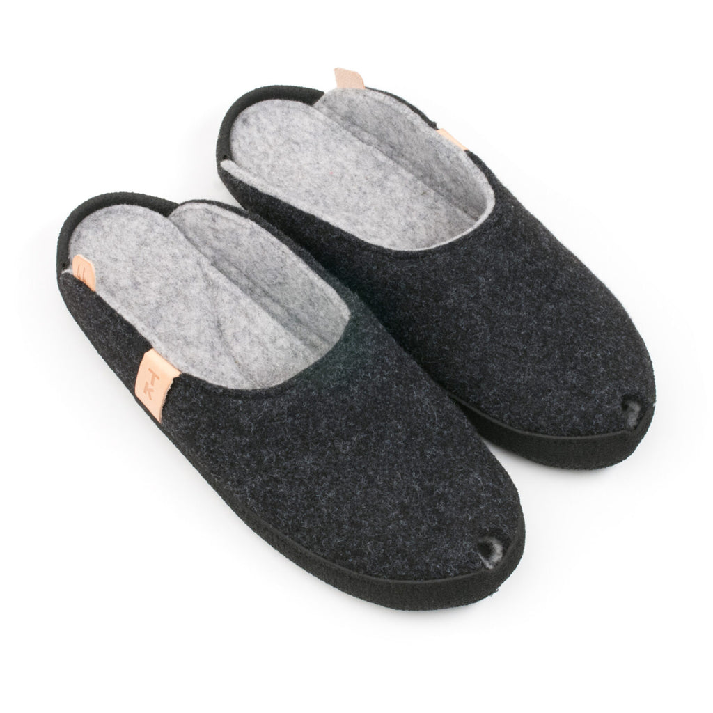 Pair of dark gray slippers with light gray lining on a white background