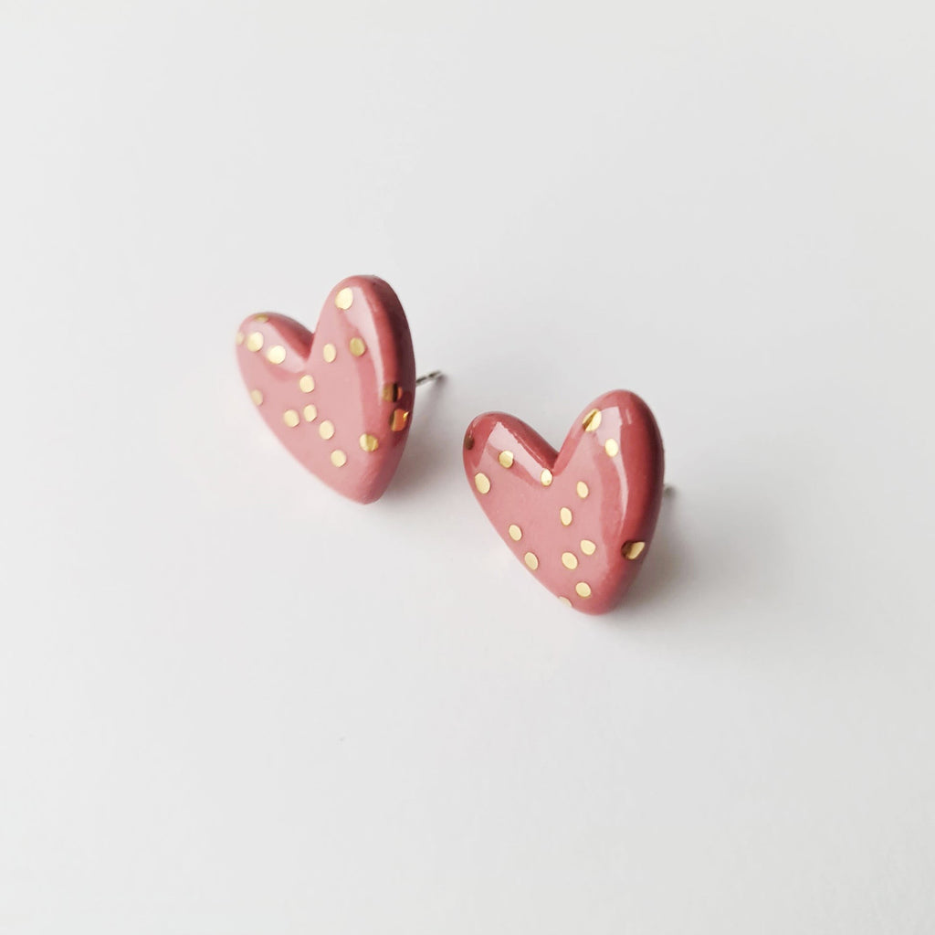 Dotted Porcelain Heart Studs -  Pink
