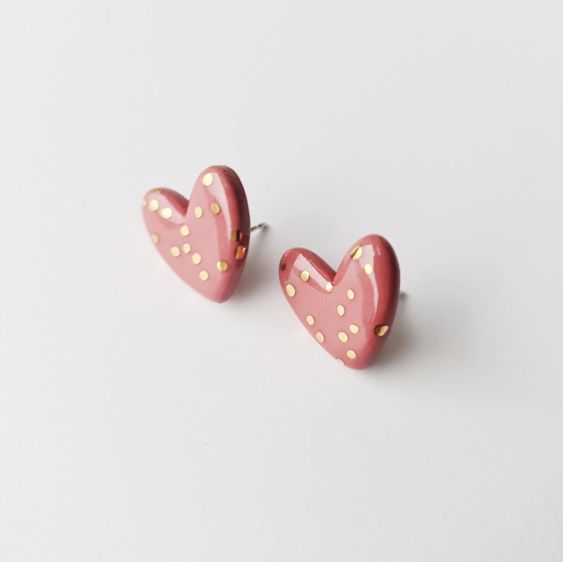 Dotted Porcelain Heart Studs -  Pink