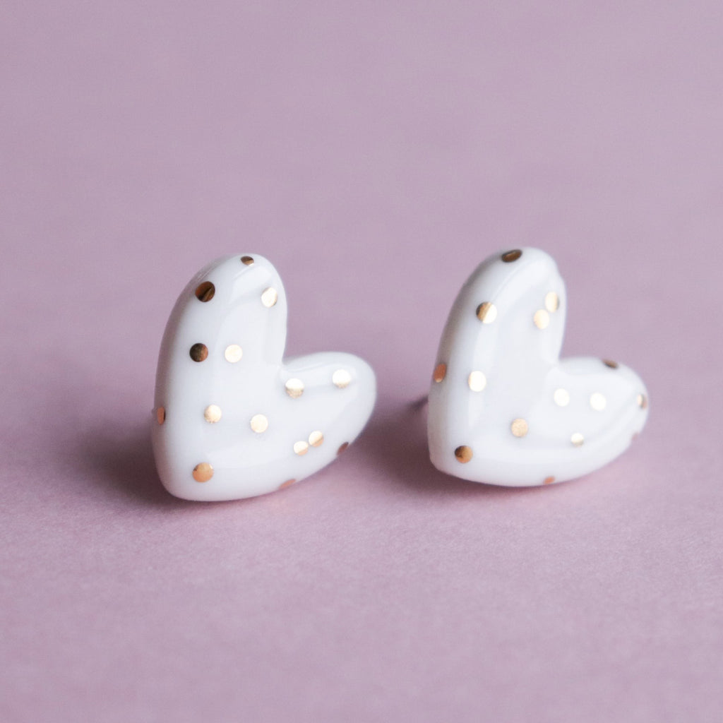 Dotted Porcelain Heart Studs -  White