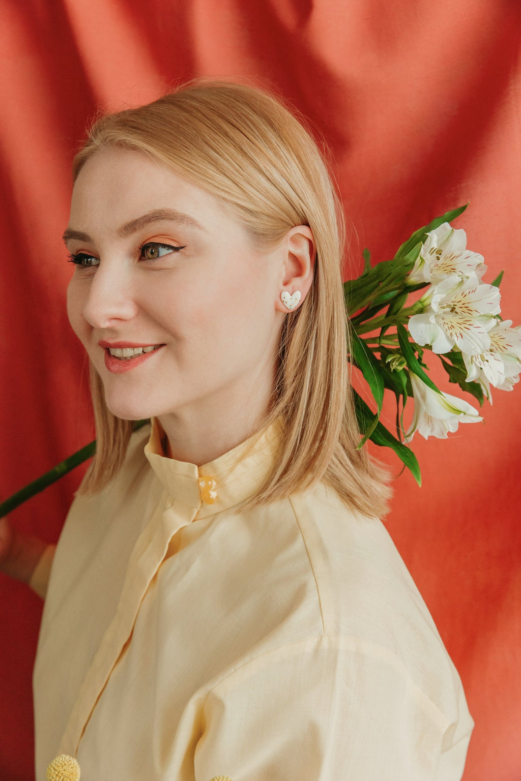 Dotted Porcelain Heart Studs -  White